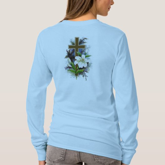 時の長袖のTシャツw/Blueの花の十字 Tシャツ (裏面)