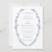 時を超えるエレガントなダスティーブルーの花輪 ウェディング 招待状 (正面)