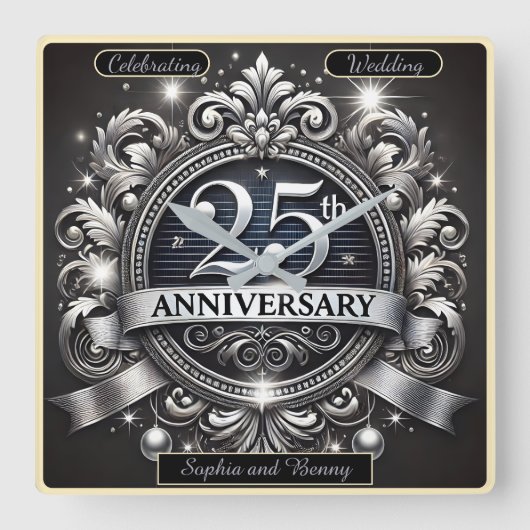 時を超えるシルバー：25周年記念 スクエア壁時計 (正面)