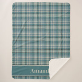 時を超えるターコイズグリーンのチェック柄の心地よいアート シェルパブランケット