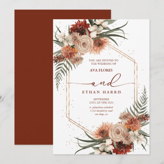 時を超えるモダンなツイストテラコッタフレームウェディング 招待状 (正面/裏面)