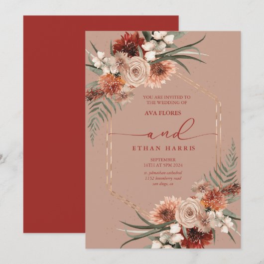 時を超えるモダンなツイストテラコッタフレームウェディング 招待状 (正面/裏面)