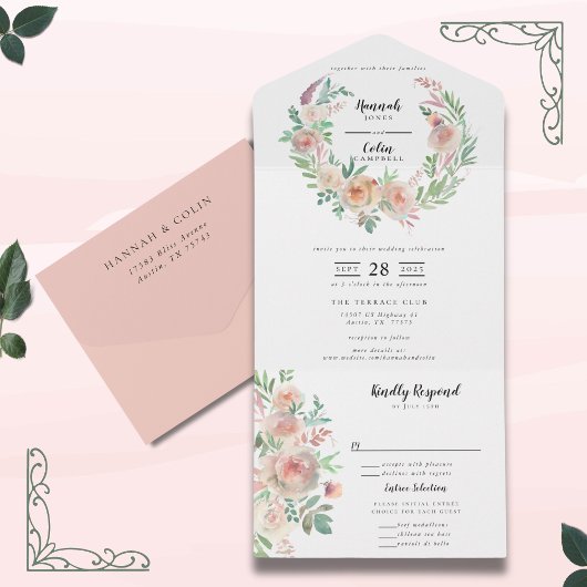 時を超えるロマンス フローラル リース ウェディング オールインワン招待状