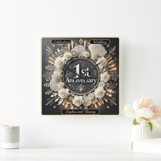 時を超える優雅さ 初年度記念日 スクエア壁時計 (ホーム)