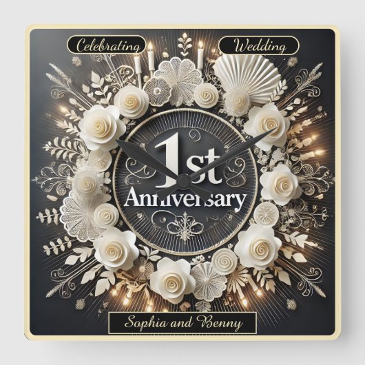 時を超える優雅さ 初年度記念日 スクエア壁時計 (正面)