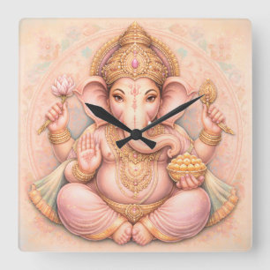 時を超える優雅さ: Lord Ganesha パステルアートウォールクロック スクエア壁時計