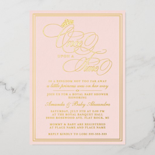 時エレガント間に一度プリンセスの赤ちゃんシャワー 箔招待状 (正面)