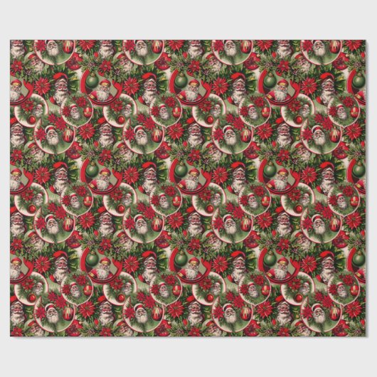 時代を超えるサンタクロースとポインセチア ラッピングペーパー (フラット)