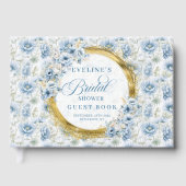 時代を超えるボヘミアンスタイルの淡い青とゴールドの花のブライダルシャワー ゲストブック (正面)