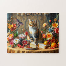 時代を超える猫と果物の静物画