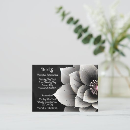 時代を超越したエレガンス：ブラック&シルバー結婚ブロッサム エンクロージャーカード (スタンド正面)