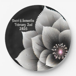 時代を超越したエレガンス：ブラック&シルバー結婚ブロッサム ペーパープレート