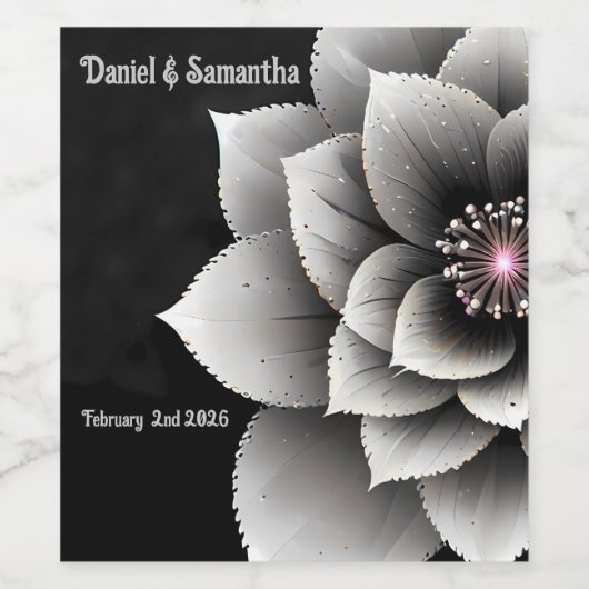 時代を超越したエレガンス:ブラック&シルバー結婚ブロッサム ワインラベル (シングルラベル)