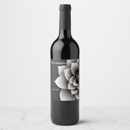 時代を超越したエレガンス:ブラック&シルバー結婚ブロッサム ワインラベル (正面)