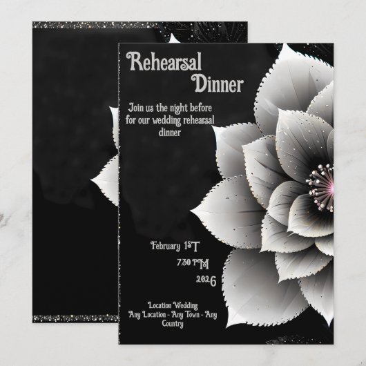 時代を超越したエレガンス:ブラック&シルバー結婚ブロッサム 招待状 (正面/裏面)