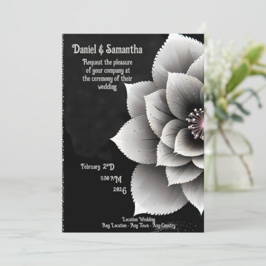 時代を超越したエレガンス:ブラック&シルバー結婚ブロッサム 招待状 (スタンド正面)