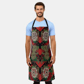 時代を超越したエレガンス:赤日本のヴィンテージフローラ エプロン (着用した状態)