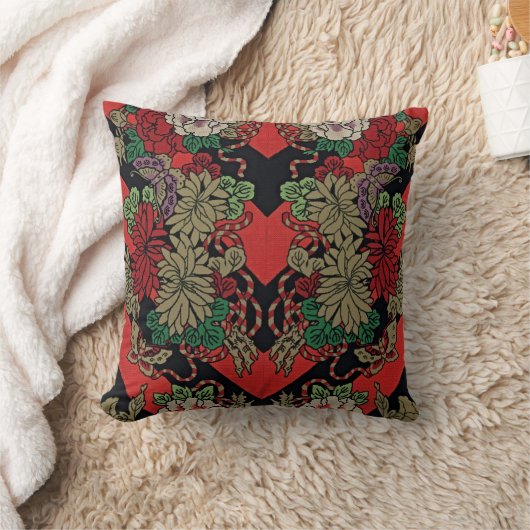 時代を超越したエレガンス：赤日本のヴィンテージフローラ クッション (ブランケット)