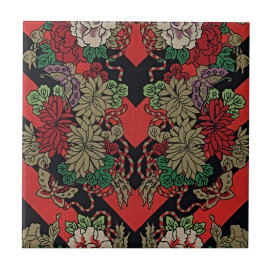 時代を超越したエレガンス：赤日本のヴィンテージフローラ タイル (正面)