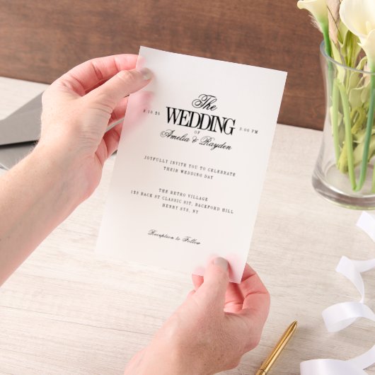 時代を超越したミニマル白黒結婚ズ ベラム紙招待状 (ポータブル)