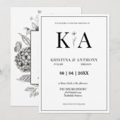 時代を超越したヴィンテージ白黒フローラ 招待状 (正面/裏面)