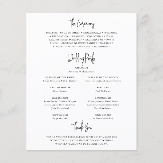 時代を超越した白黒エレガントな結婚式プログラム (裏面)