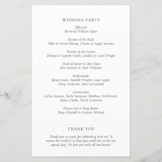 時代を超越した白黒エレガントな結婚式プログラム (裏面)