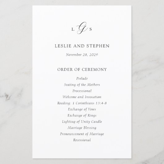 時代を超越した白黒エレガントな結婚式プログラム (正面)