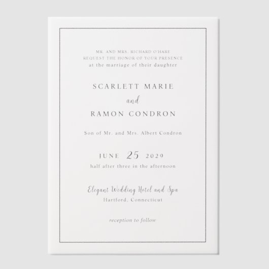 時代を超越した白黒エレガントな結婚式 ベラム紙招待状 (正面)