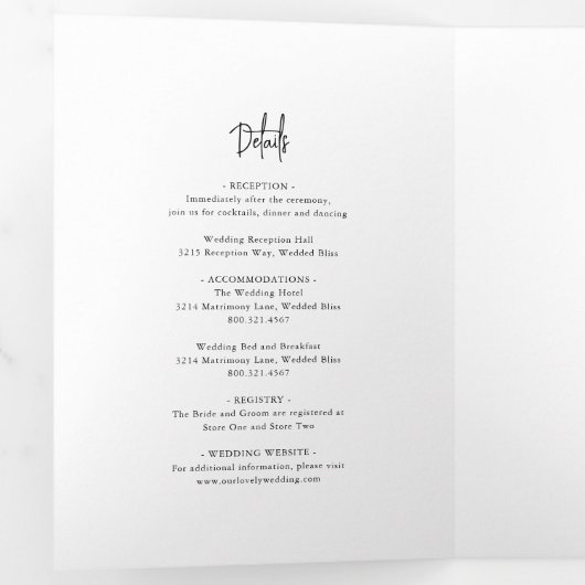 時代を超越した白黒エレガントな結婚式 三つ折り招待状 (内部最初)