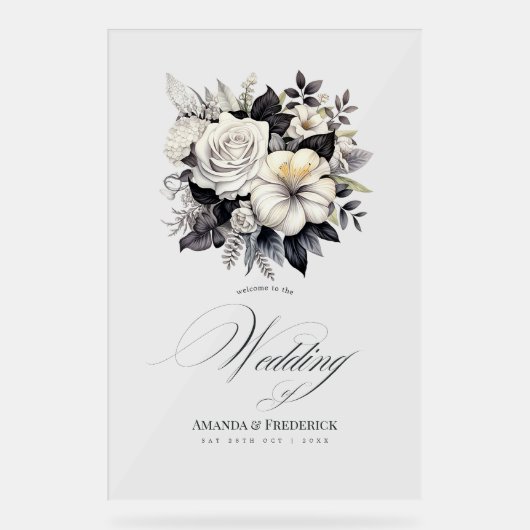 時代を超越した白黒フローラ結婚の歓迎 アクリルサイン (正面)
