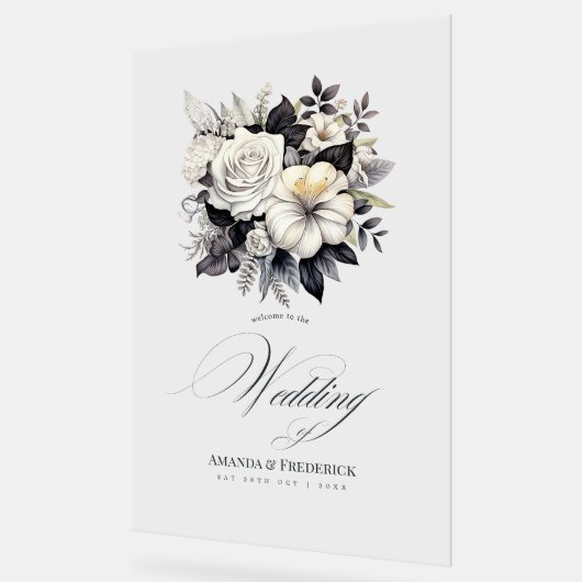 時代を超越した白黒フローラ結婚の歓迎 アクリルサイン (傾斜)