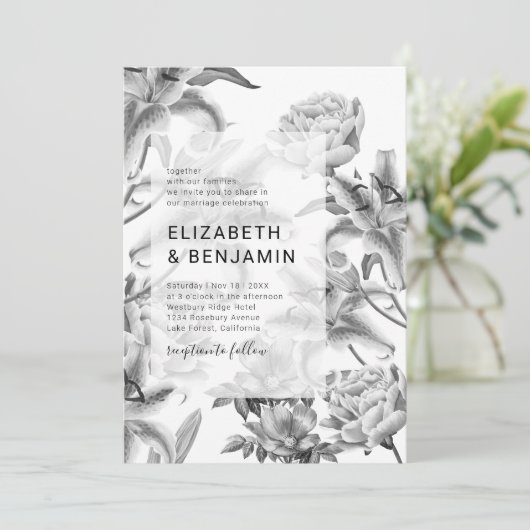 時代を超越した白黒フローラ結婚式招待状 招待状 (スタンド正面)