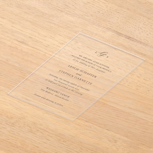 時代を超越した白黒モノグラムエレガントな結婚式 アクリル招待状 (レイダウン)