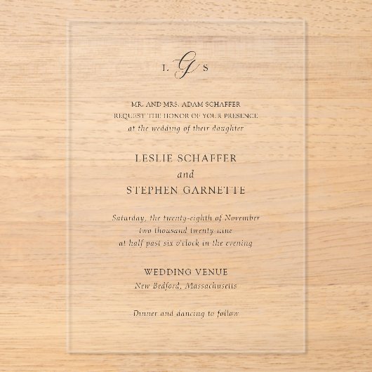 時代を超越した白黒モノグラムエレガントな結婚式 アクリル招待状 (正面)