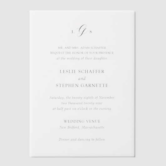 時代を超越した白黒モノグラムエレガントな結婚式 ベラム紙招待状 (正面)