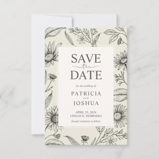 時代を超越した黒と白のワイルドフラワー日付を保存 セーブザデート (正面)