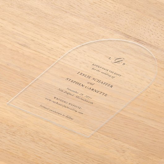 時代を超越した黒と白の結婚式の日付を保存 アクリル招待状 (レイダウン)