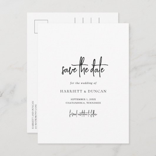 時代を超越した黒と白の結婚式の日付を保存 案内ポストカード (正面/裏面)