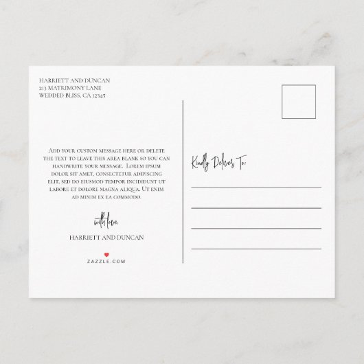 時代を超越した黒と白の結婚式の日付を保存 案内ポストカード (裏面)