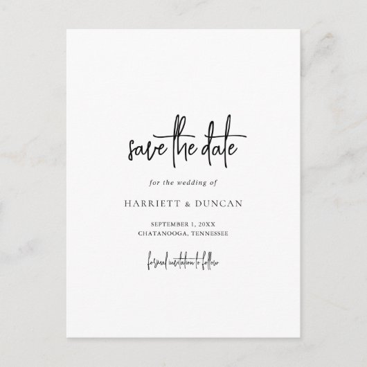 時代を超越した黒と白の結婚式の日付を保存 案内ポストカード (正面)