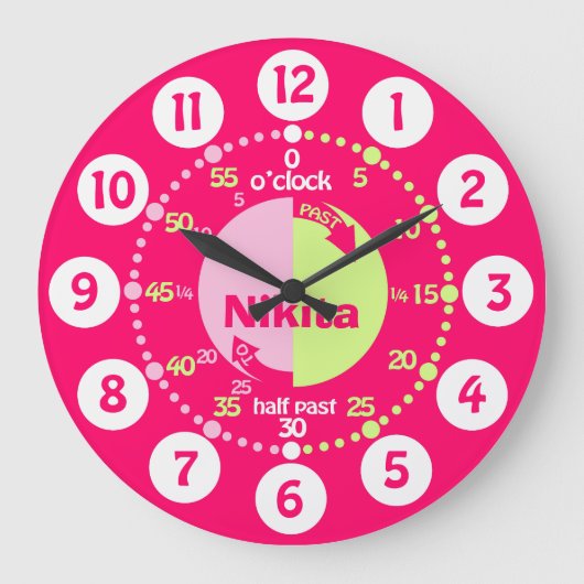 時学間の赤いピンクの緑の名前時計を教える女の子 ラージ壁時計 (正面)