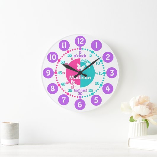 時学間をピンクのアクア名の時計と言う女の子 ラージ壁時計 (ホーム)