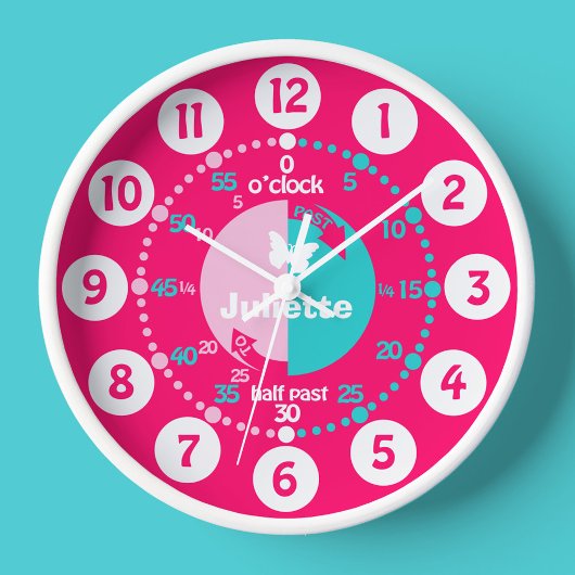 時学間を赤いピンクのアクア名時計を教える女の子 壁時計