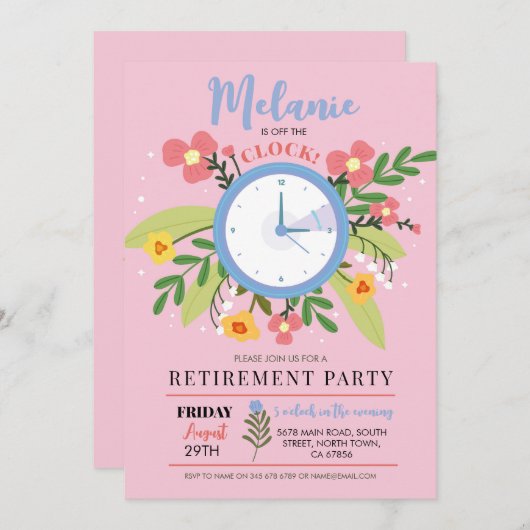 時計から解放された女性の花柄パーティー 招待状 (正面/裏面)