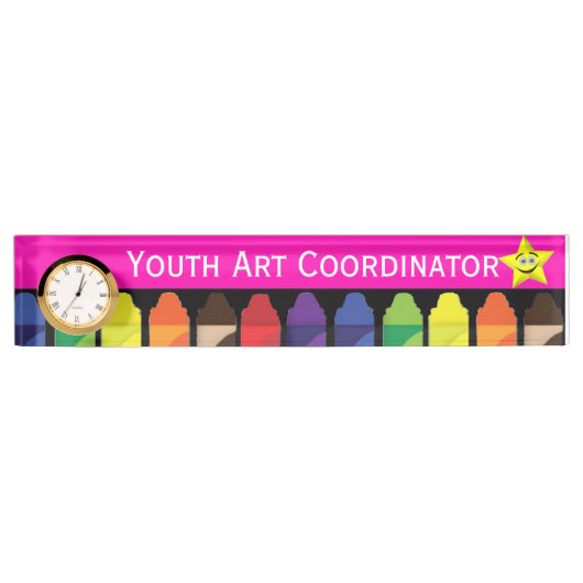 時計が付いているクレヨンの机の名札 デスクネームプレート (正面)