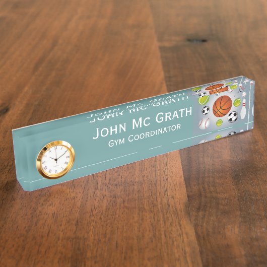 時計が付いているスポーツの球の机の名札 デスクネームプレート (側面)