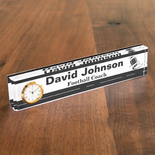 時計が付いているフットボールのコーチの名札を個人化して下さい デスクネームプレート (側面)