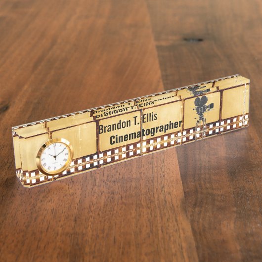 時計が付いているヴィンテージのフィルムの机の名札 デスクネームプレート (側面)