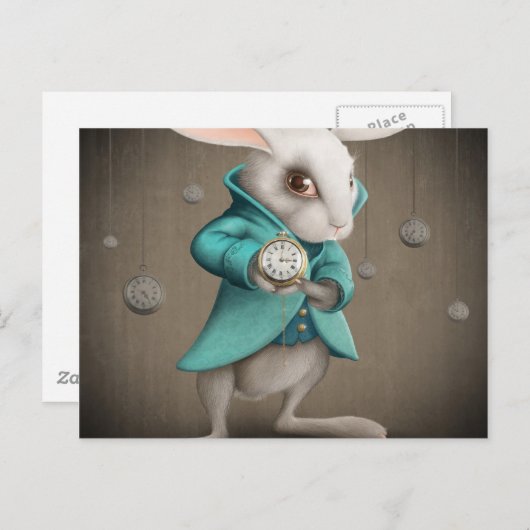 時計が付いている白いウサギ ポストカード (正面/裏面)